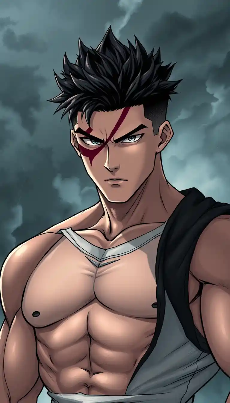 Tall muscular man with scar in stormy manga scene