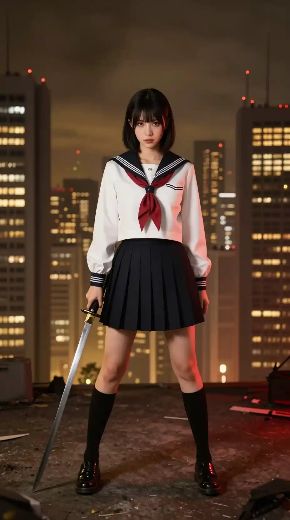 Japanese woman in sailor uniform with sword in Neo Tokyo