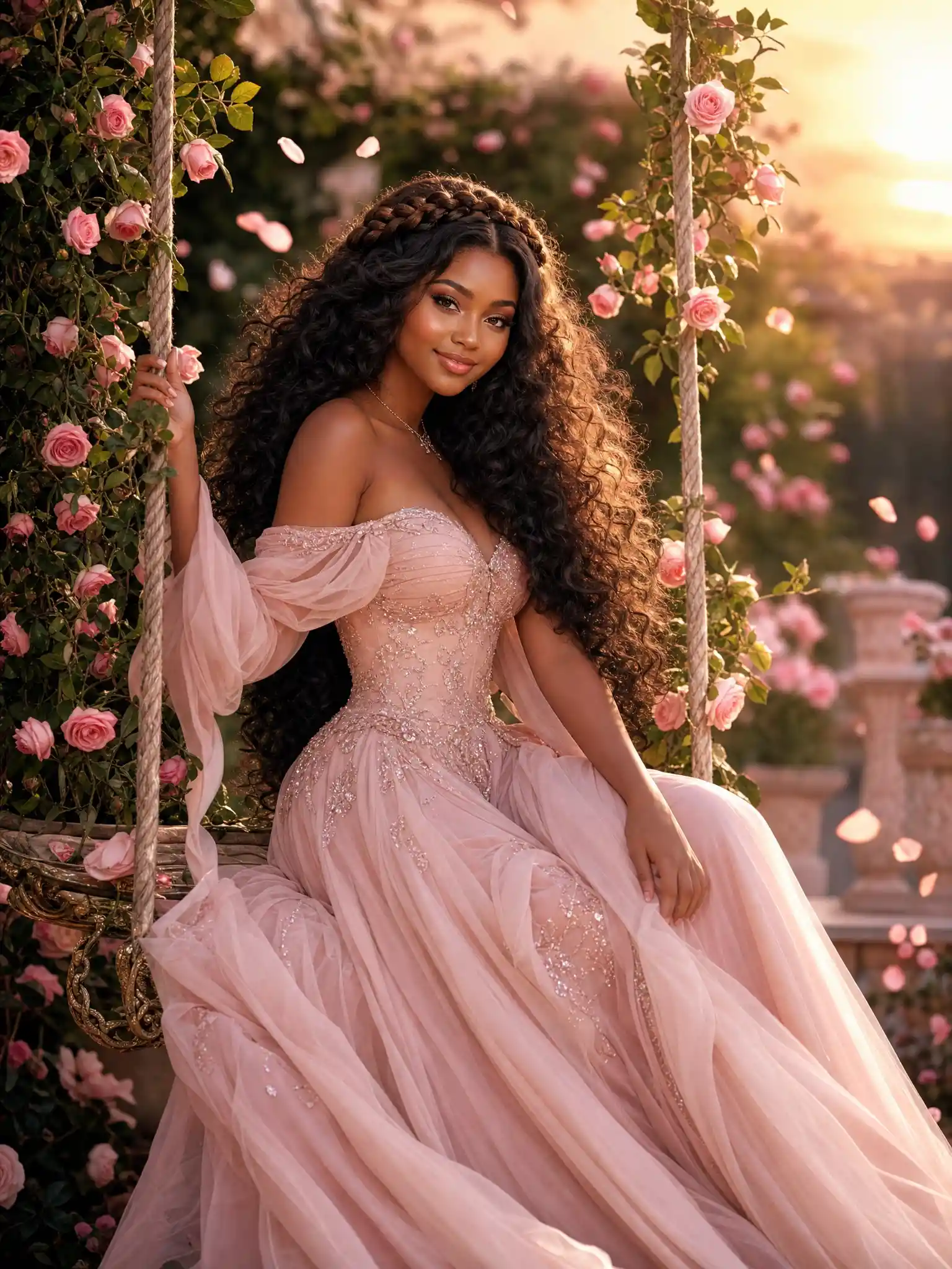 Elegant black woman on a rose garden swing at sunset