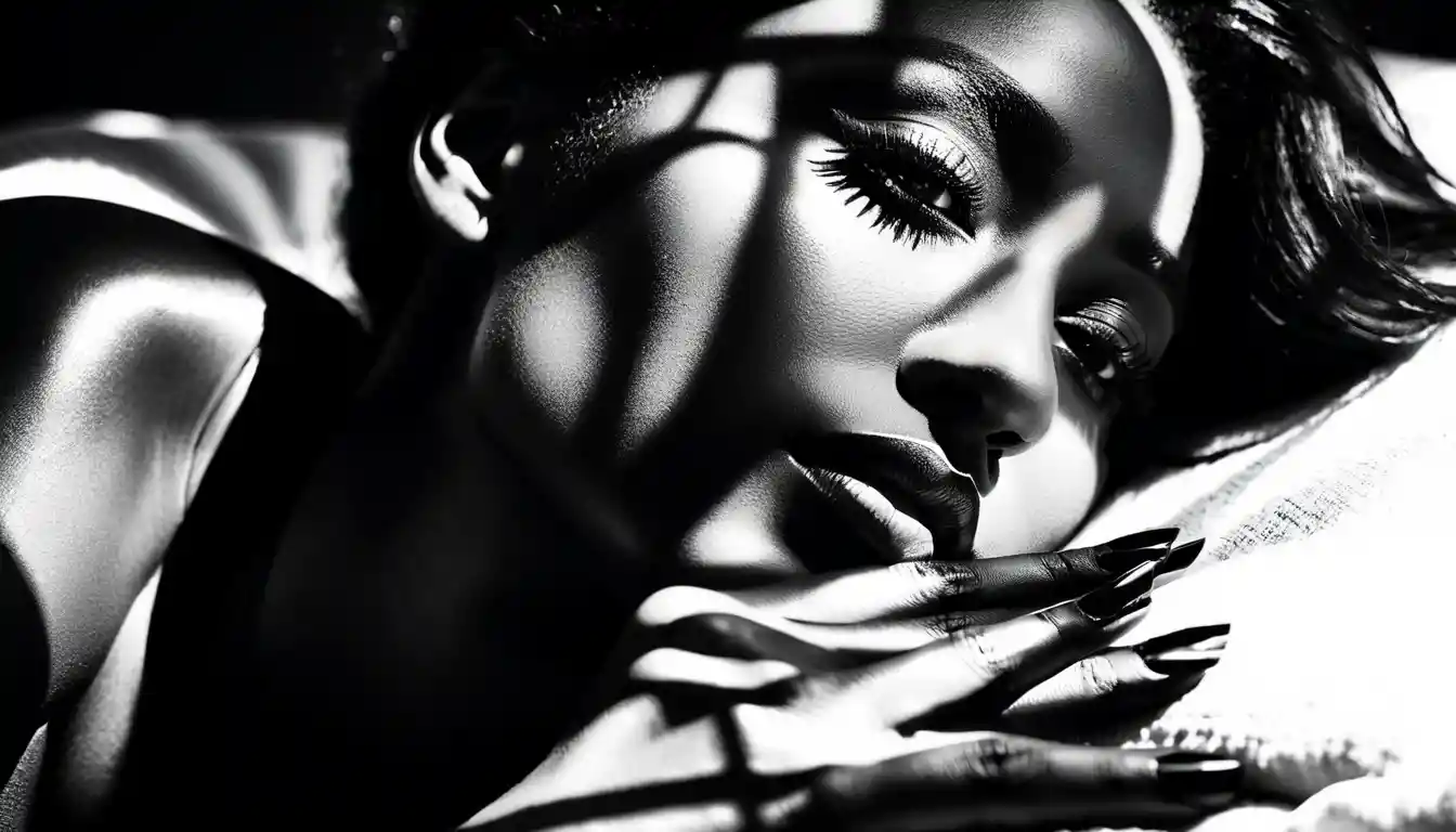 Black and white close up portrait of a resting woman
