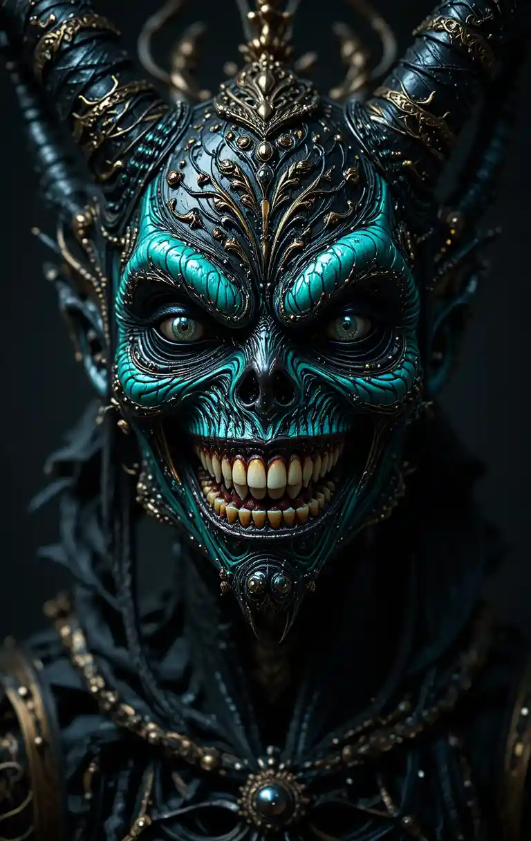 Creepy smiling metallic monster with gleaming white teeth