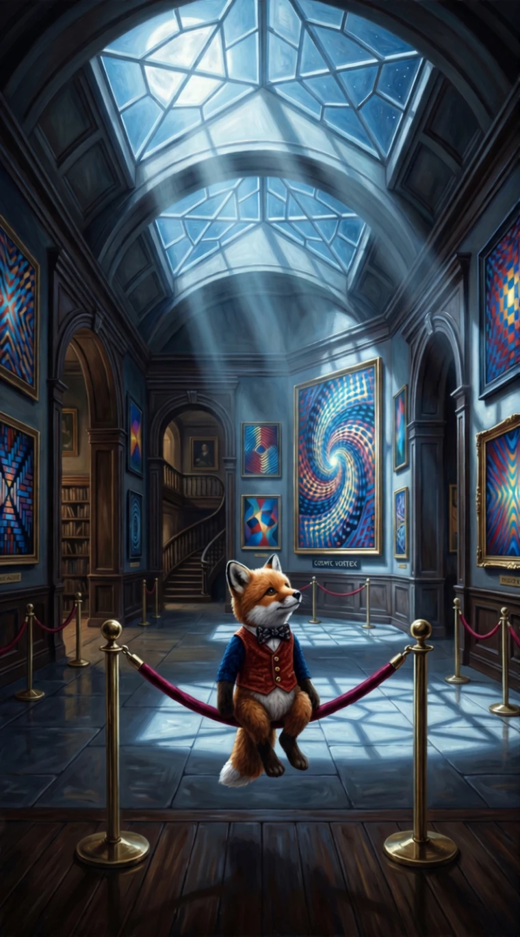 Soft toy spectator in moonlit art gallery hall