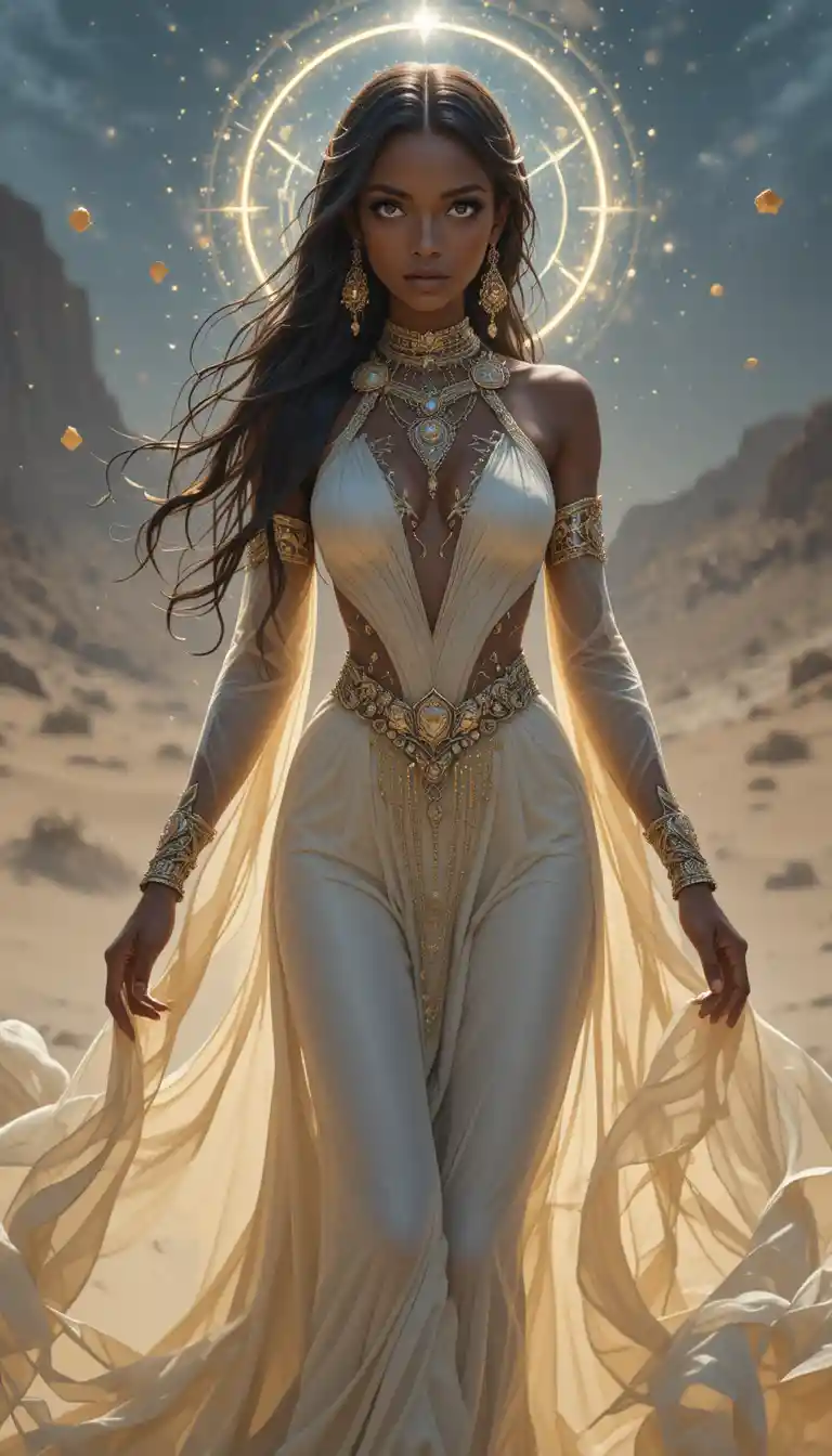 Elegant dark skinned anime sorceress surrounded by floating magic
