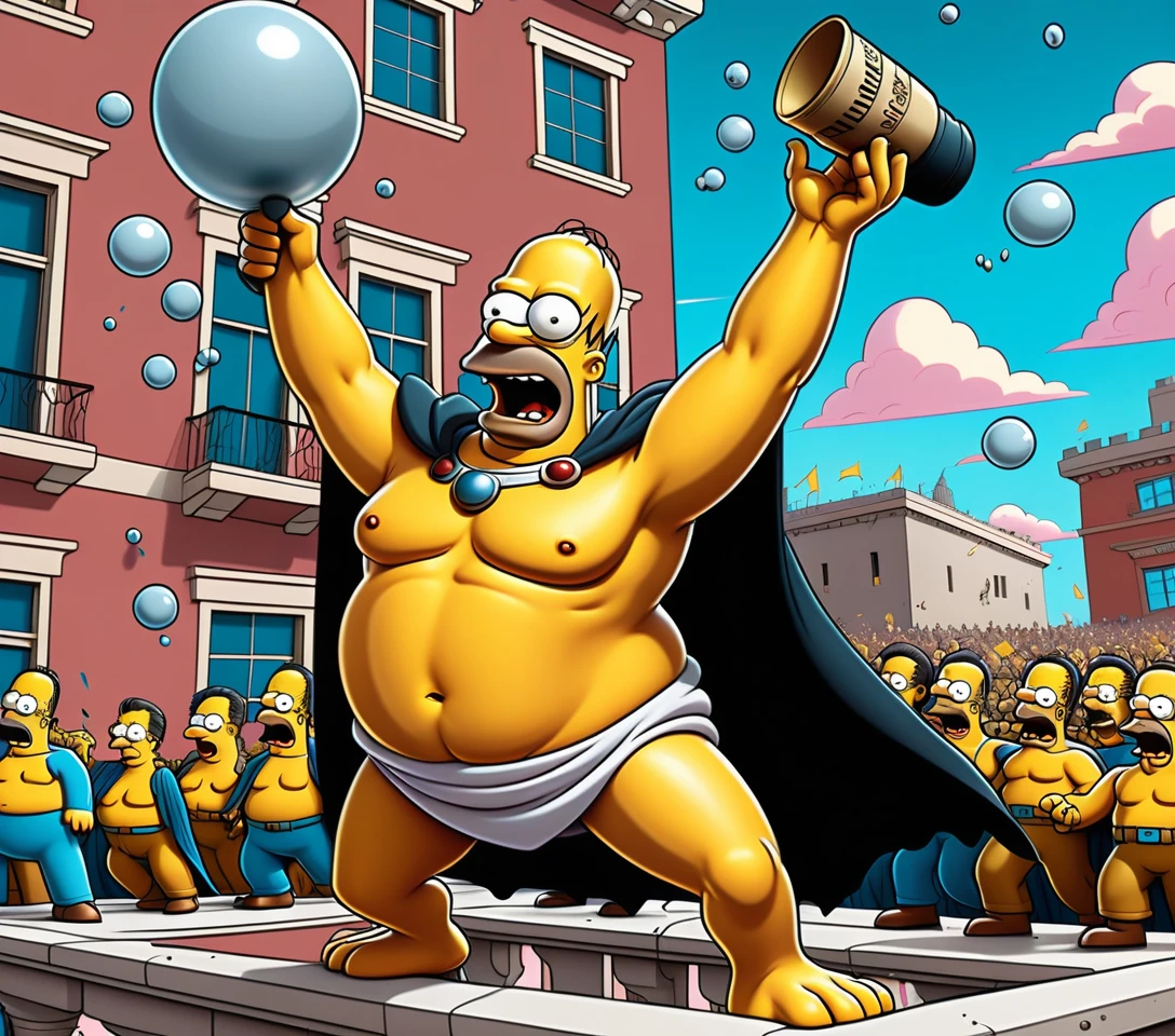 Cartoon imperial city collapsing in slapstick comedic chaos