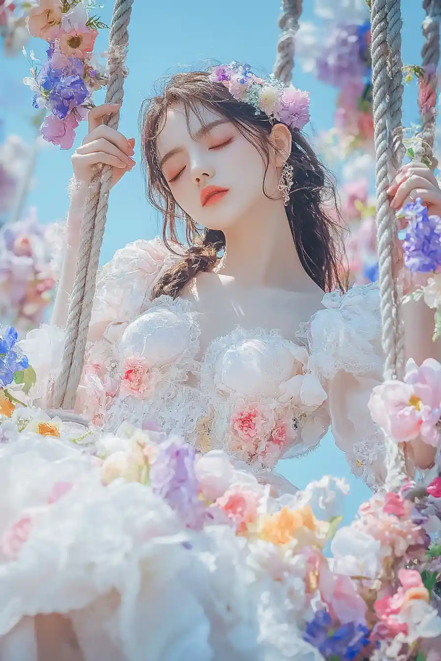 Pastel fantasy girl on an ornate swing surrounded by flowers