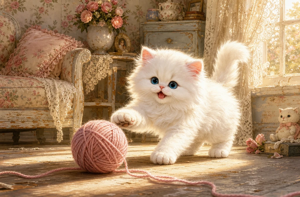 White persian kitten playing with yarn in cozy living room