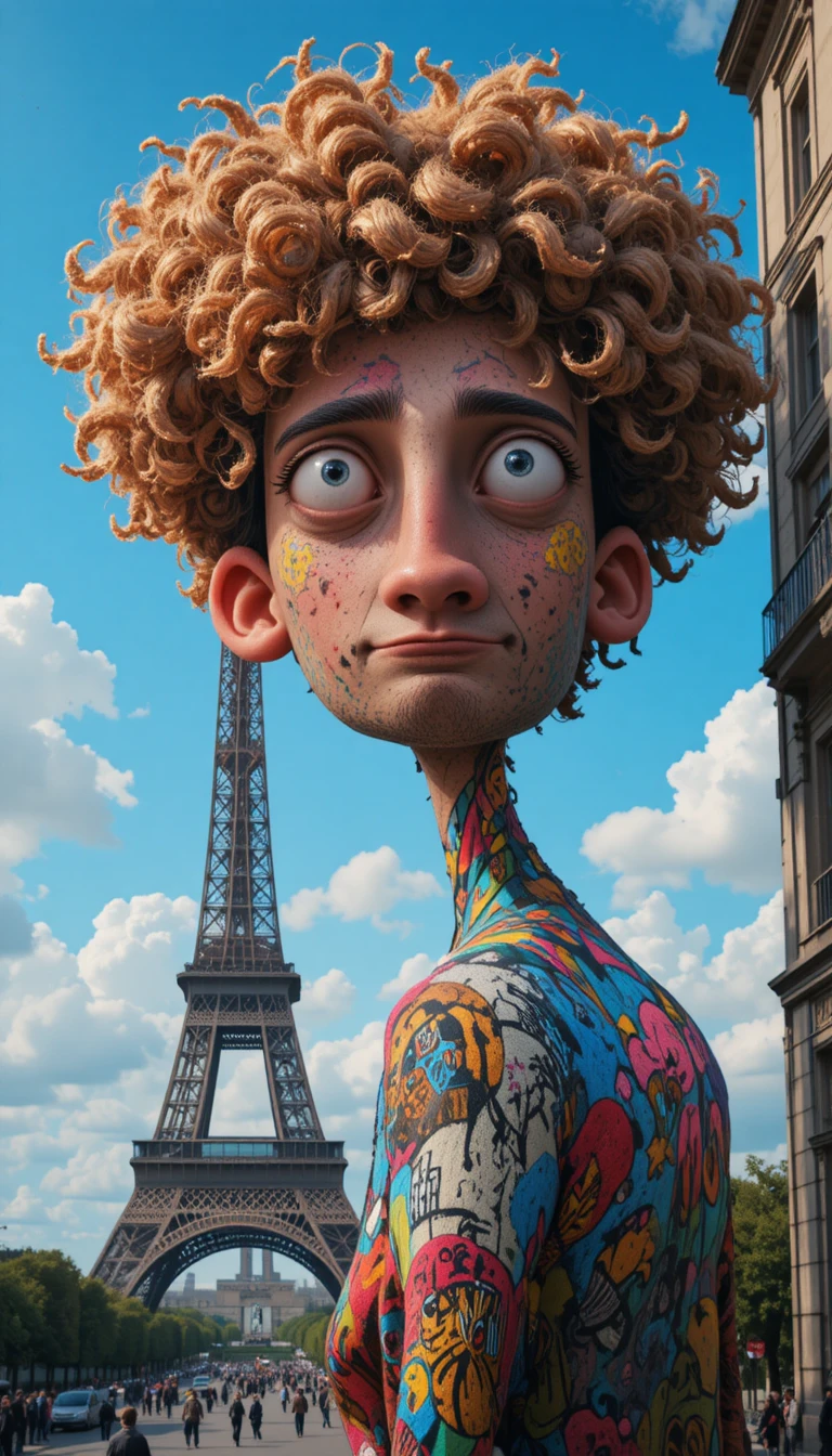 Curly haired man in Pixar style against blue Paris sky