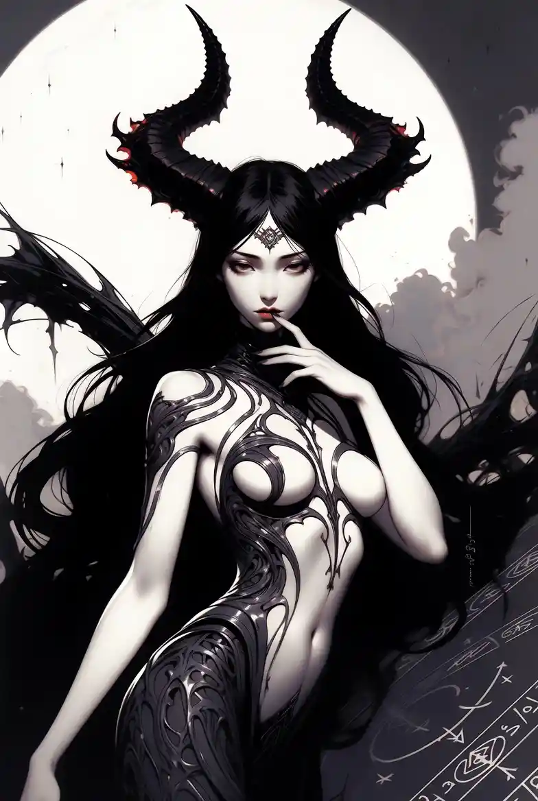 Seductive horned demoness under a glowing fantasy moon
