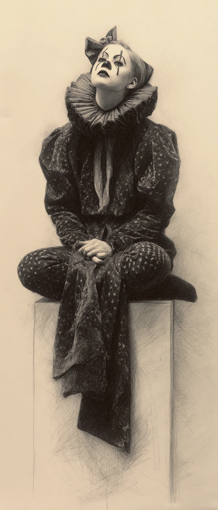 Melancholische Frau mit Pierrot-Make-up auf einem schlichten Hocker