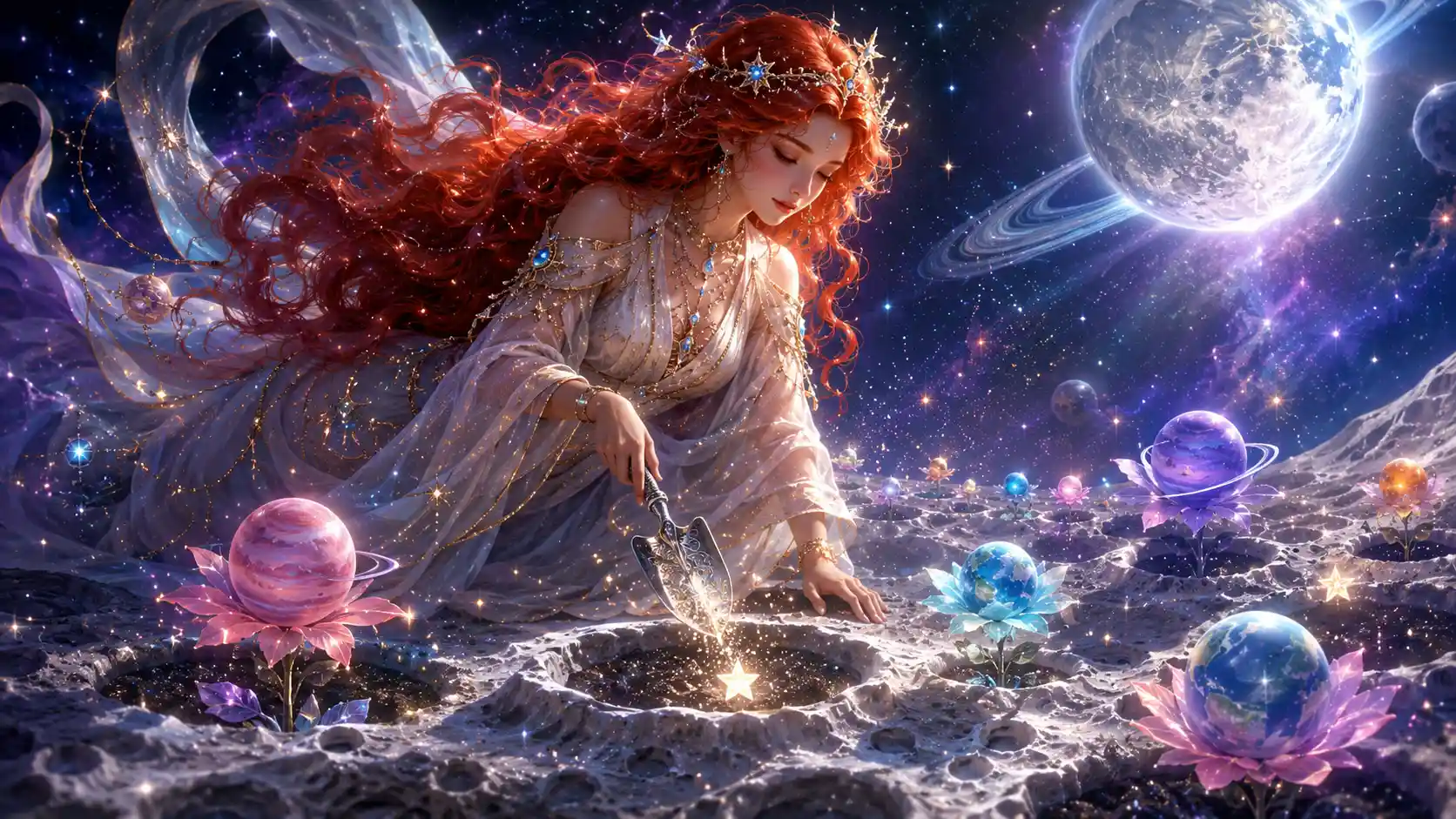 Ethereal Goddess Planting Stars In A Magical Lunar Garden