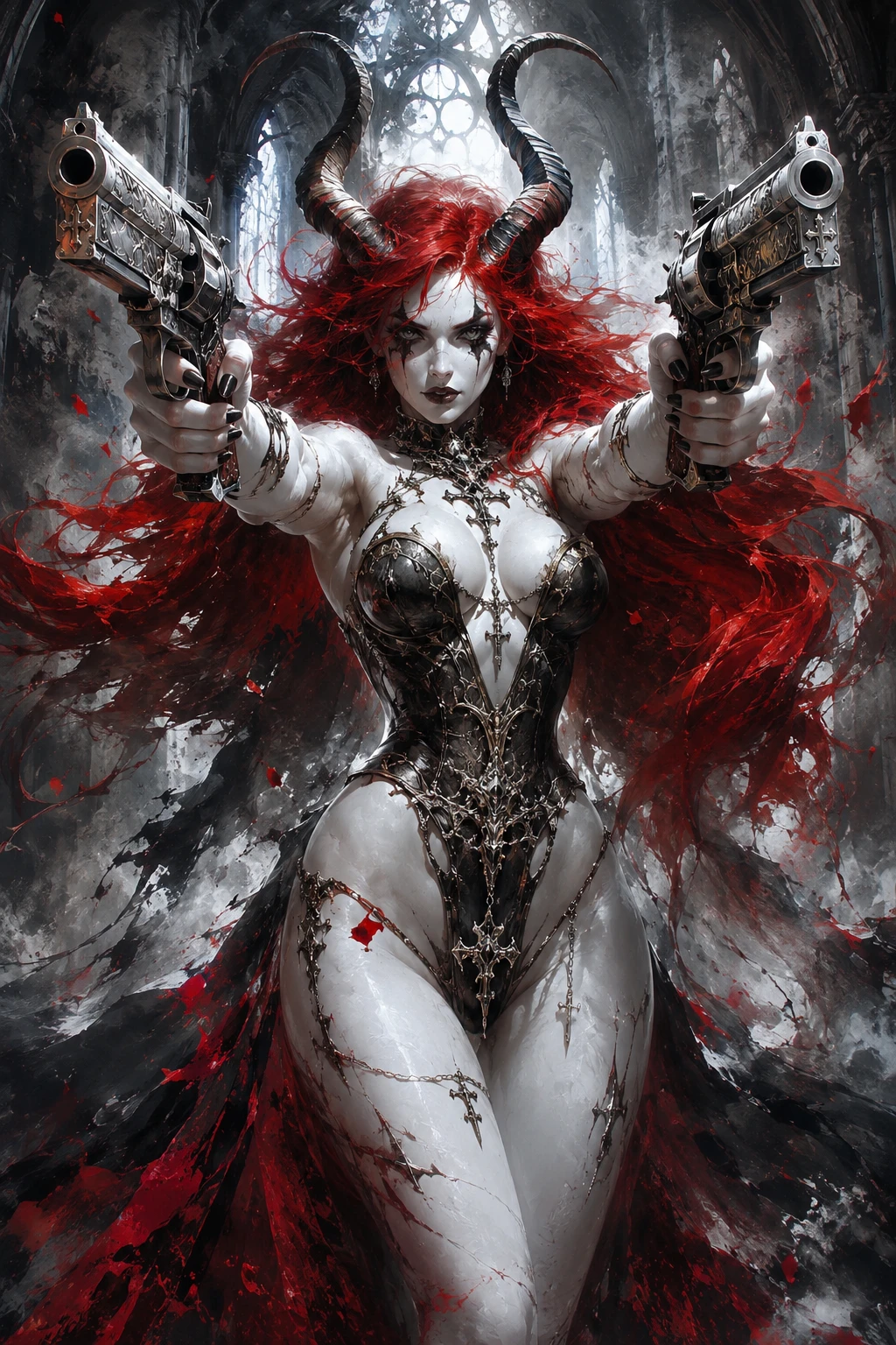 White skinned gothic succubus with guns in ruined cathedral