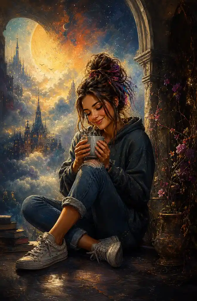 Cozy brunette woman in hoodie with tea in digital painting