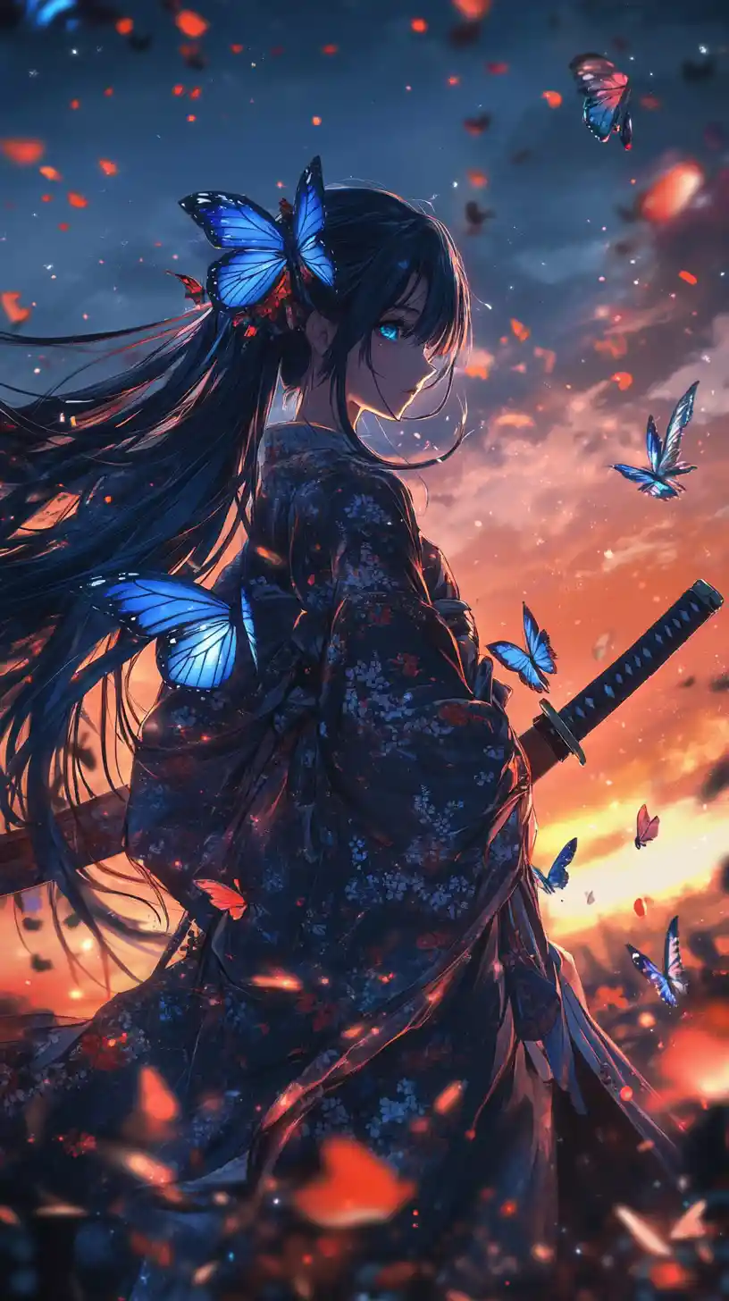 Anime swordswoman with glowing butterflies at twilight