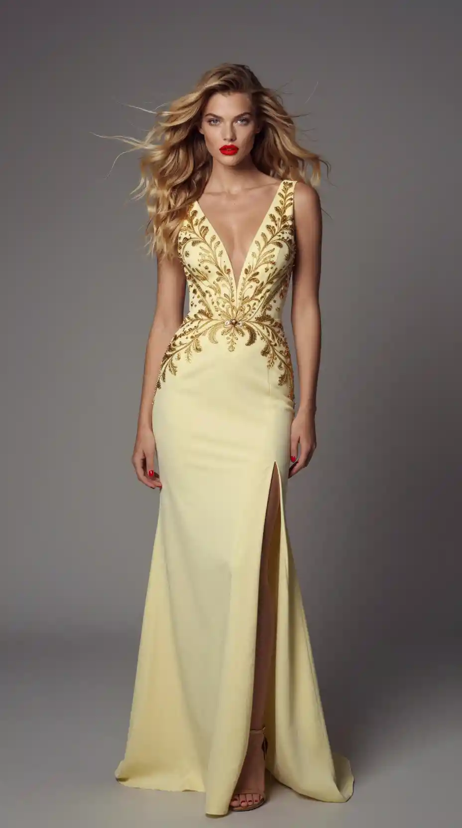Dreamy fashion portrait of a young woman in gold