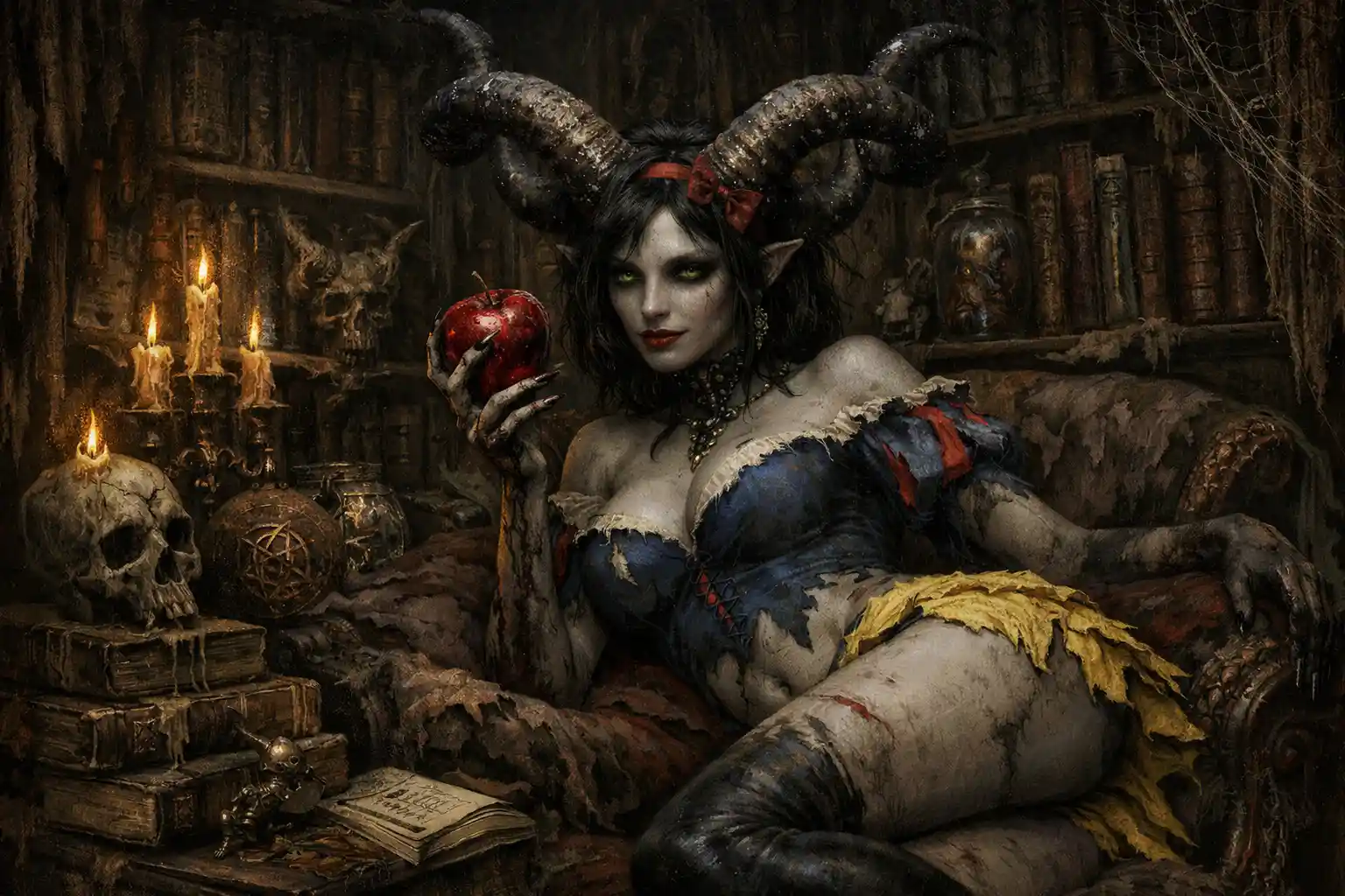 Horned demon woman in a gothic library with apple
