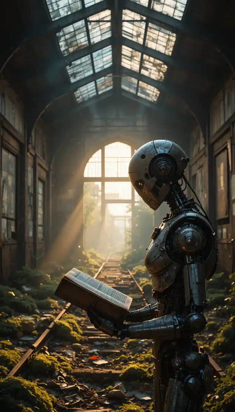 Lonely robot with a book in an abandoned train station