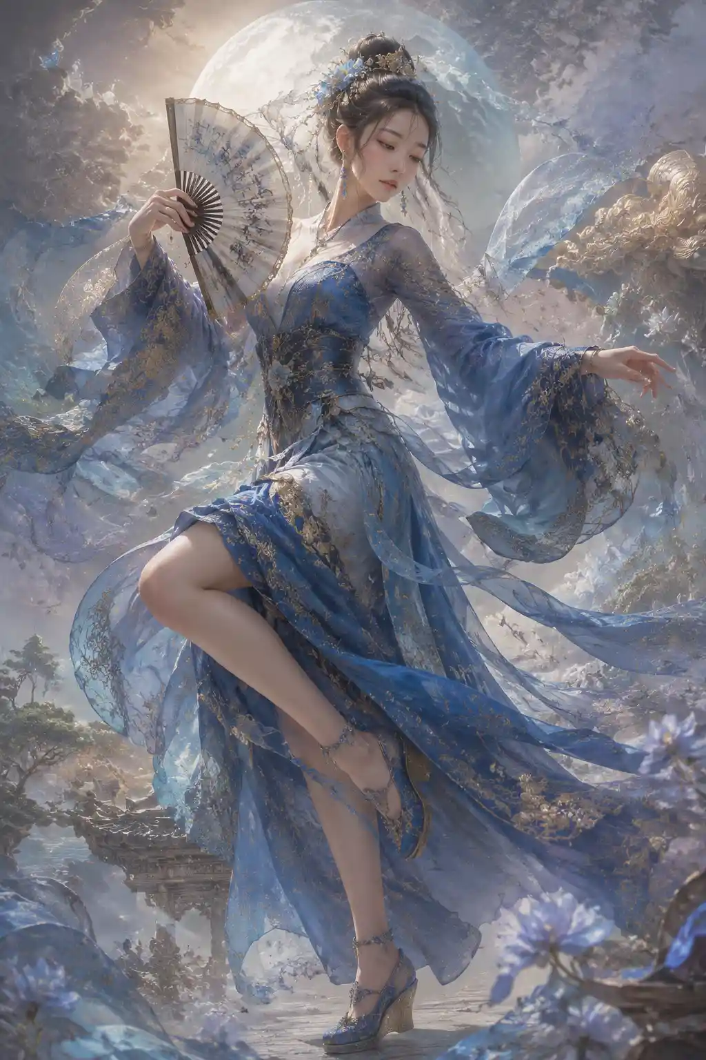 Geisha woman in blue dress with veil and ornate fan