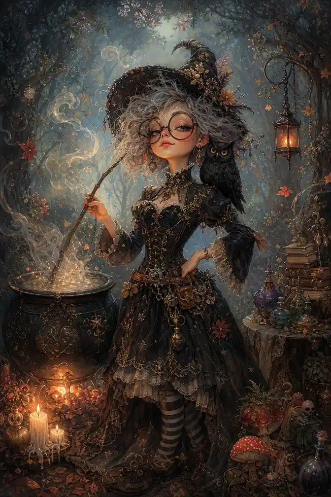 Whimsical young fairy witch in an enchanted autumn forest