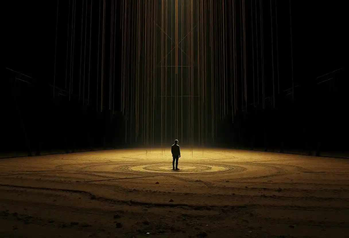 Enoch stands beneath narrow golden light in endless darkness