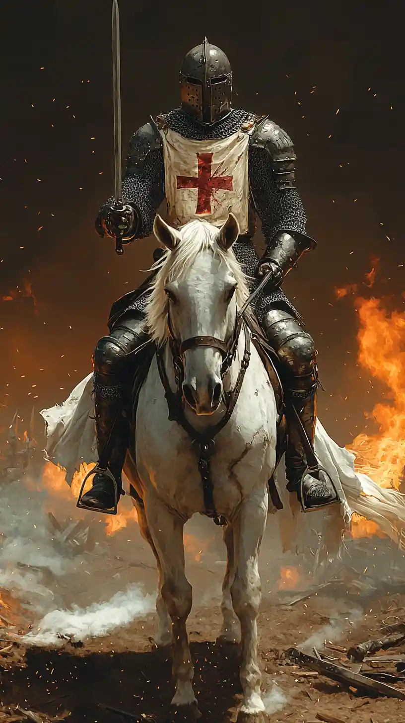 Crusader knight on rearing white horse before burning battlefield