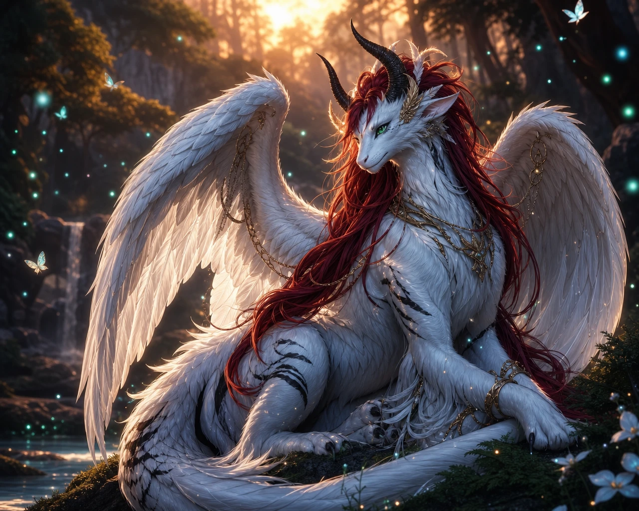 Ethereal dragon angel hybrid in a glowing forest clearing