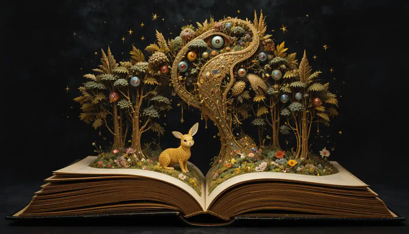 Giant rabbit emerging from a magical forest book