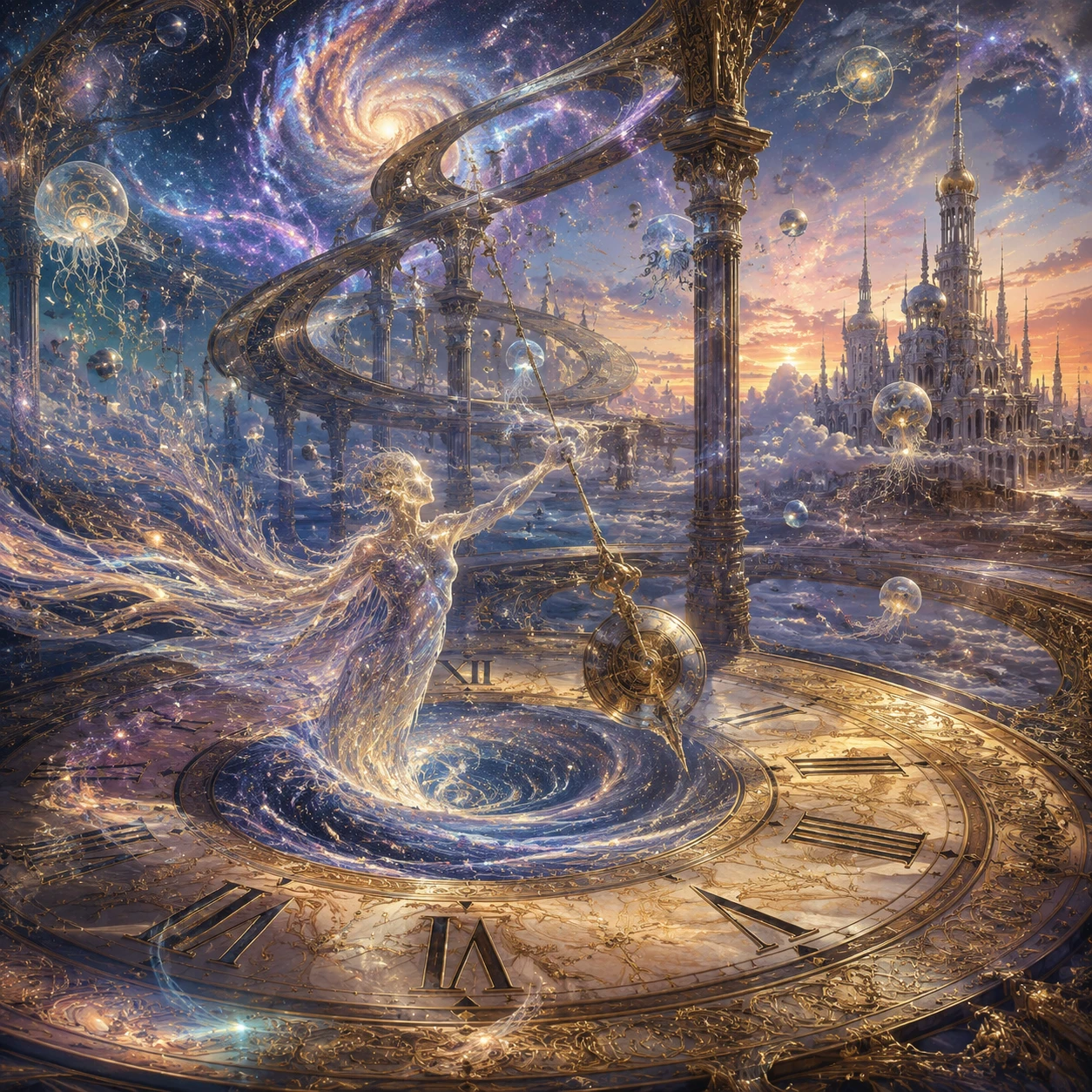 Surreal landscape with giant clock face and cosmic whirlpool