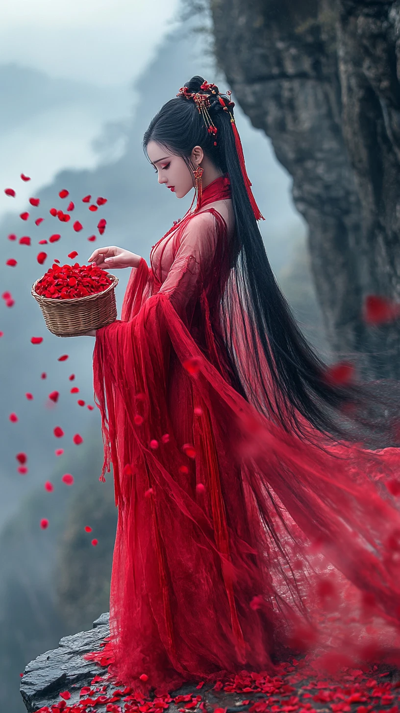 Woman in red hanfu scattering rose petals from cliff