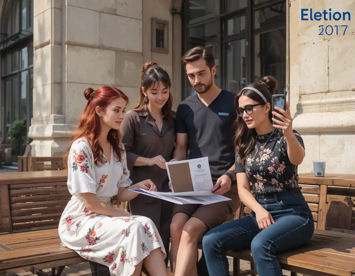 Group of friends sitting outside in sunny urban setting