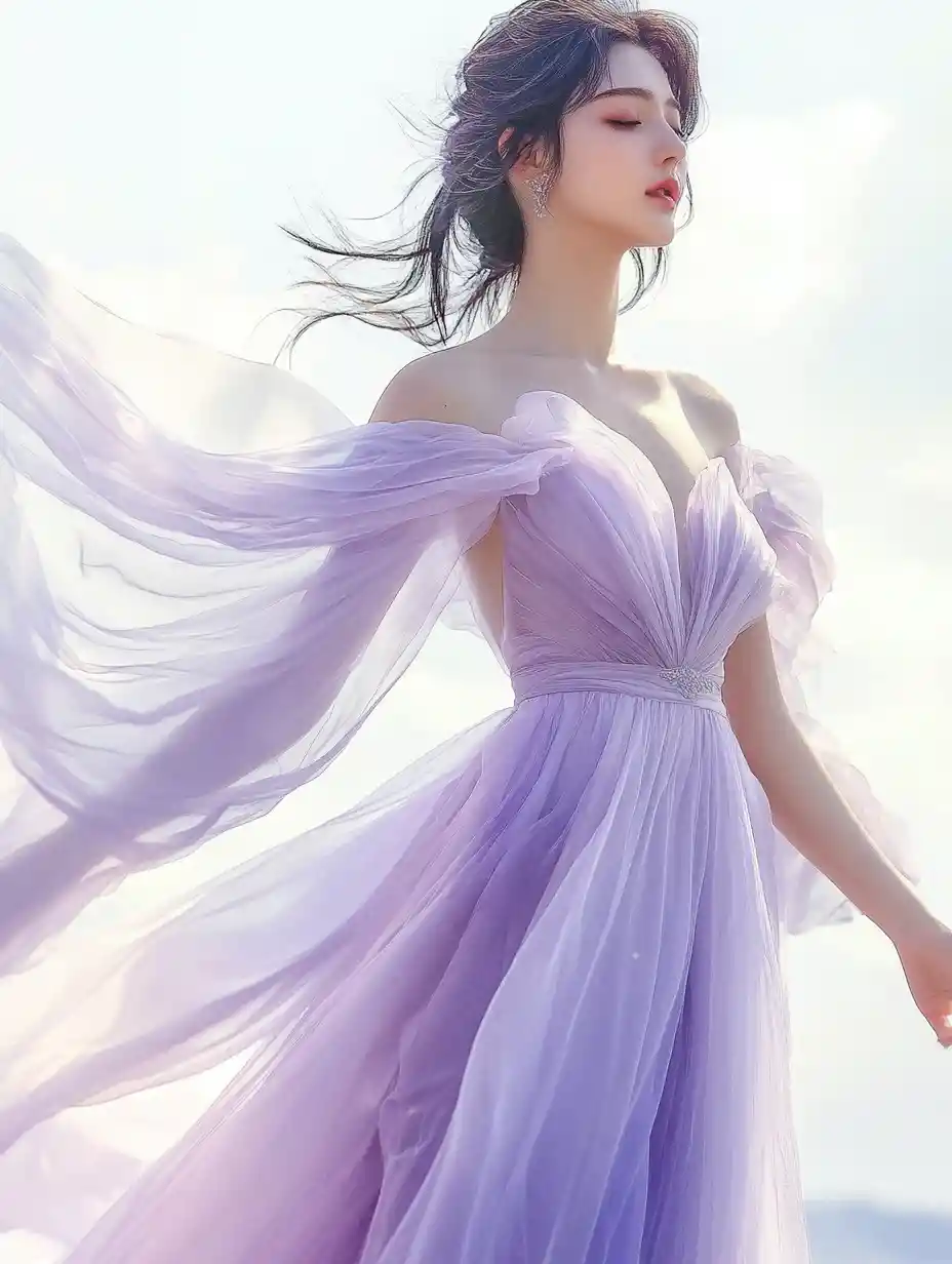 Woman in flowing lilac gown with soft dreamy shimmer