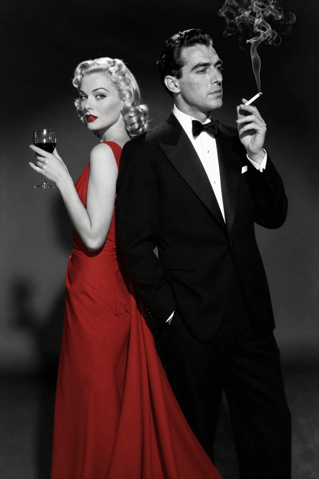 Elegant couple in tuxedo and gown under dramatic spotlight