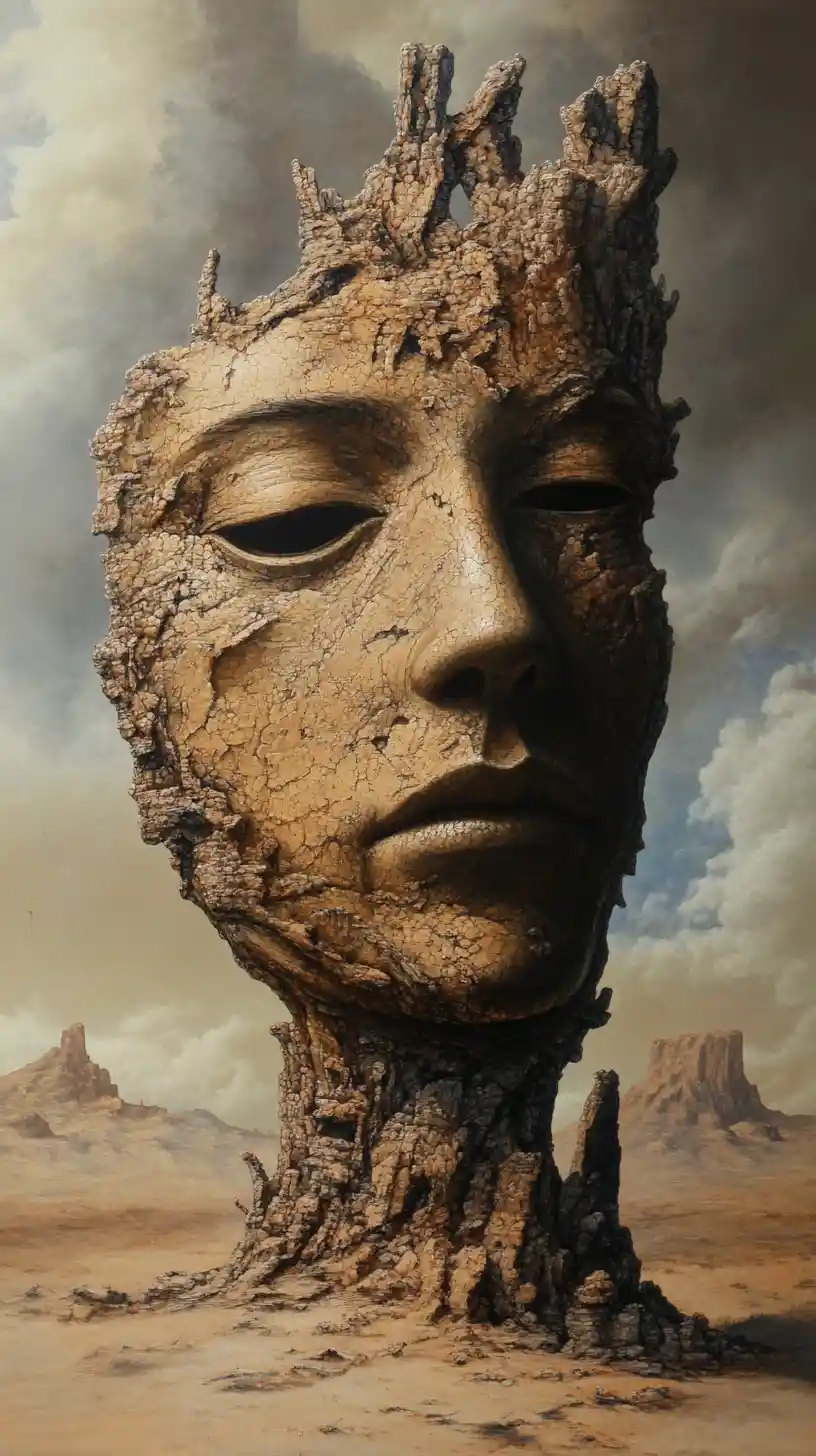 Faceless figure standing alone in a quiet desert oasis