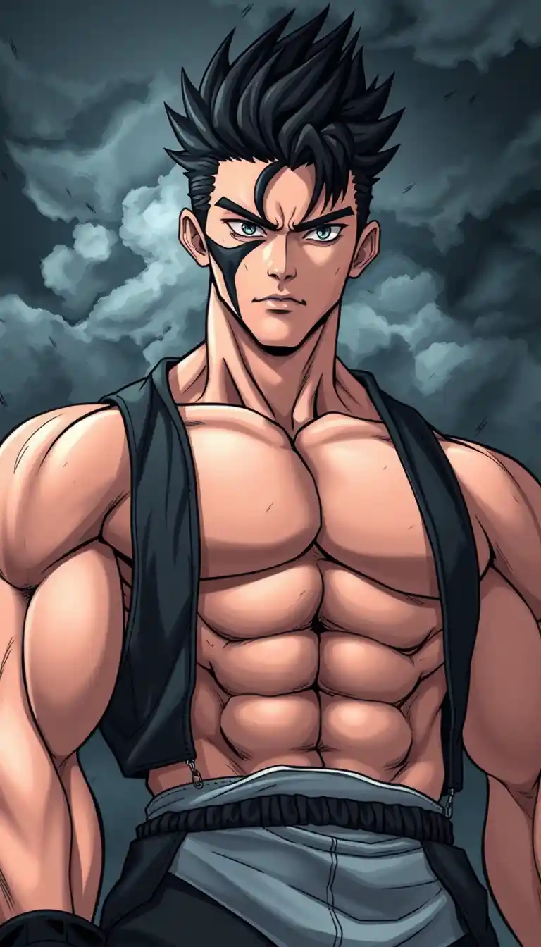 Tall muscular man in stormy manga style full body portrait