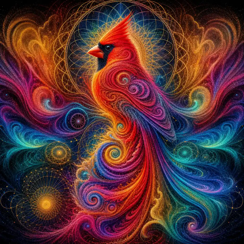 Abstract liquid sand cardinal with vibrant spiral patterns