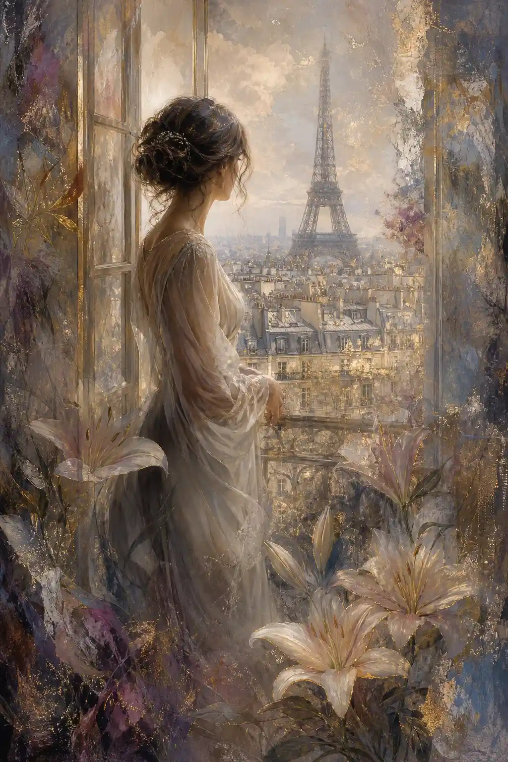 Elegant woman at parisian window with glowing eiffel tower view