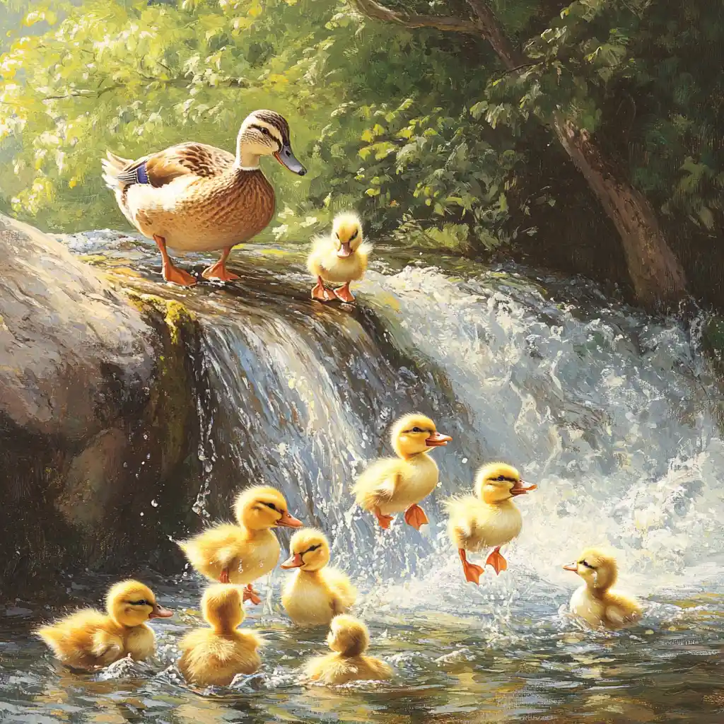 Mother duck watching playful ducklings in a calm river