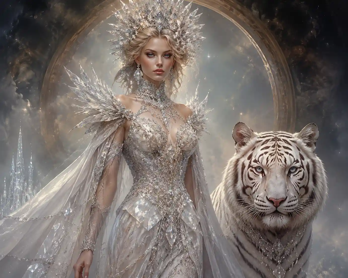 Young woman in white diamond costume with white tiger