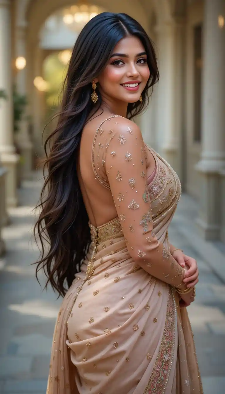 Elegant Indian woman smiling in a modern traditional outfit