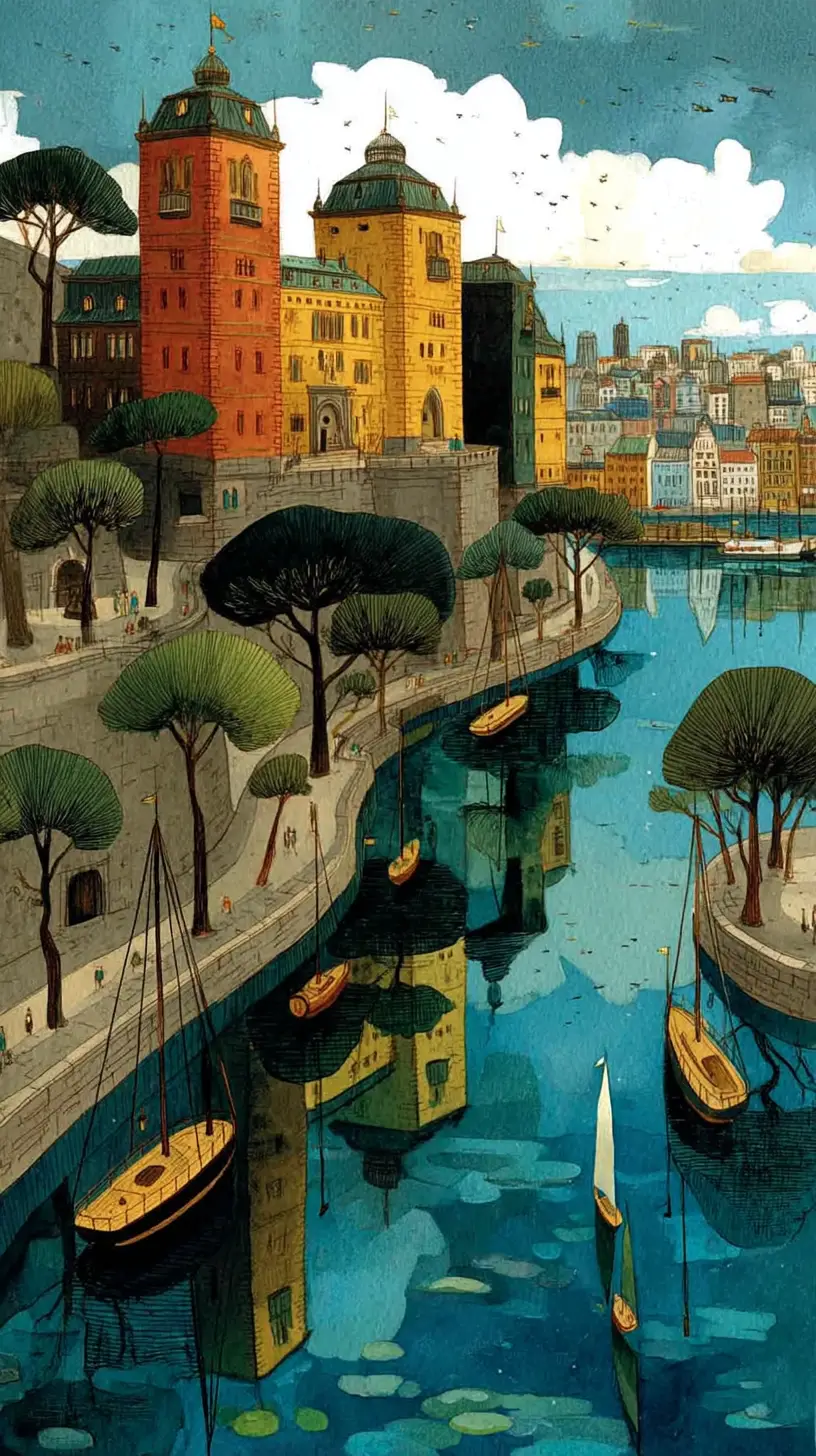 Watercolor view of Oslo harbor and historic fortress