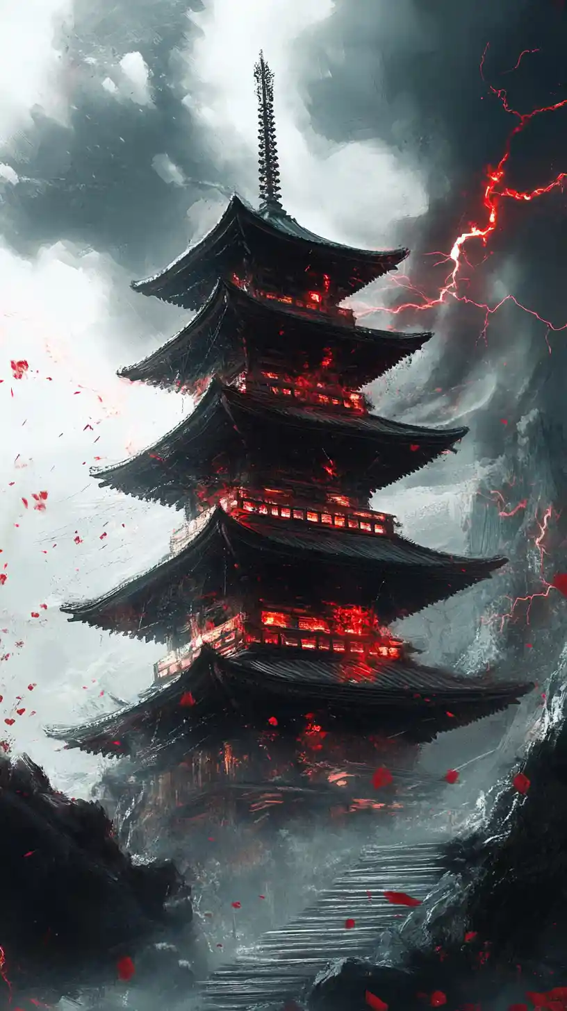 소용돌이치는 어둠의 에너지에 집어삼켜진 불길한 빛의 탑