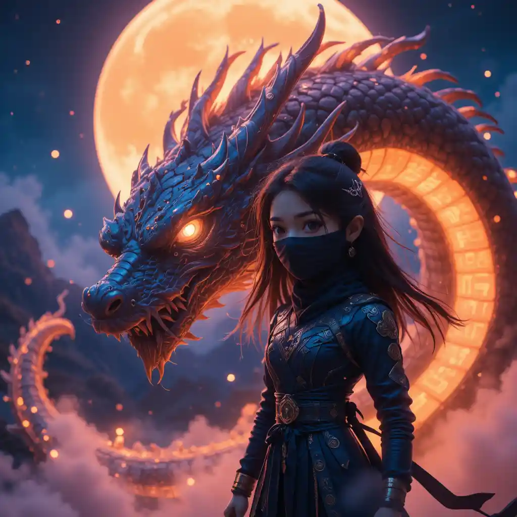 Anime ninja girl beside a glowing mystical dragon