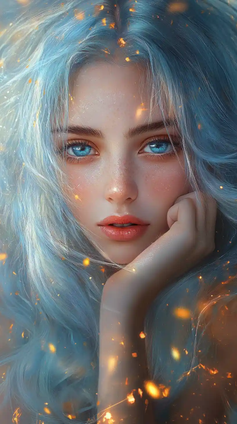 Mystical girl with luminous blue hair and golden embers