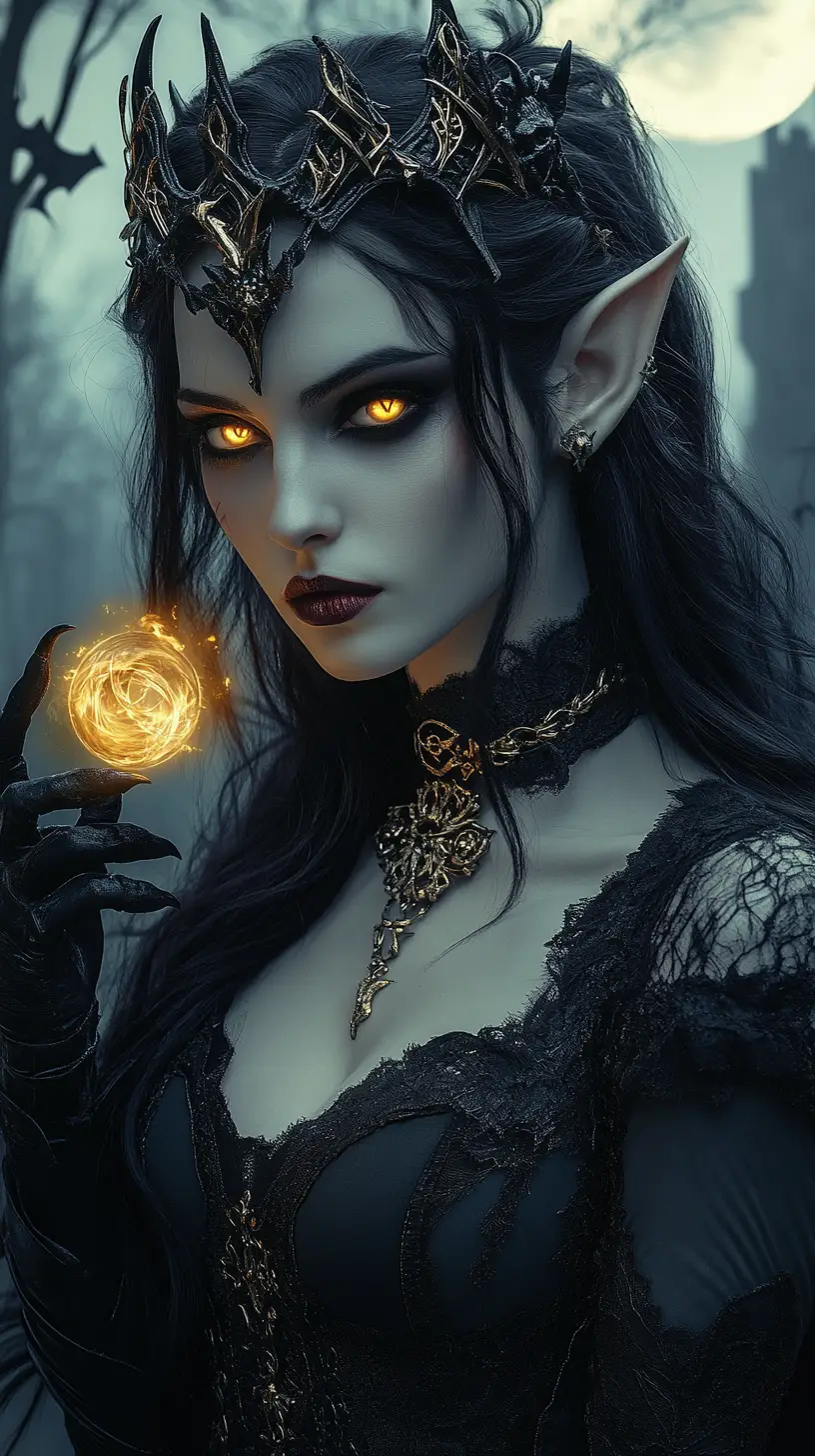 Dark elf queen holding a glowing fire orb