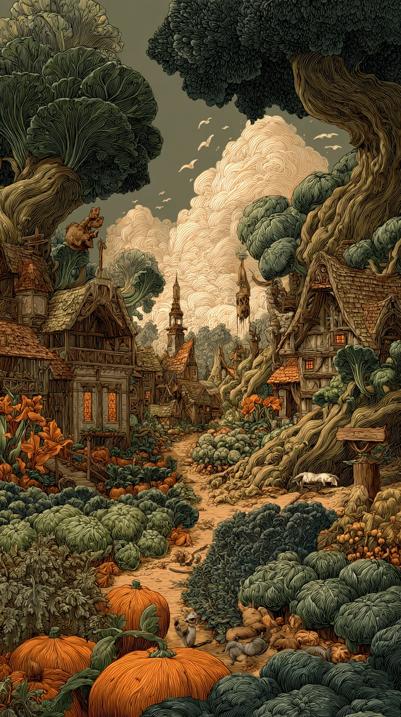 Fantasy village among giant lilies and abundant vegetables
