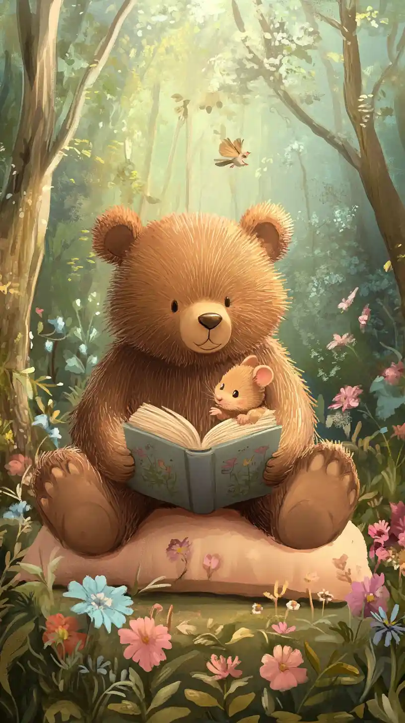 Orso e topolino che leggono insieme su un cuscino nel bosco
