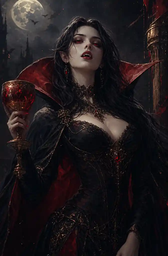 Vampire woman with chalice in a dark painted scene