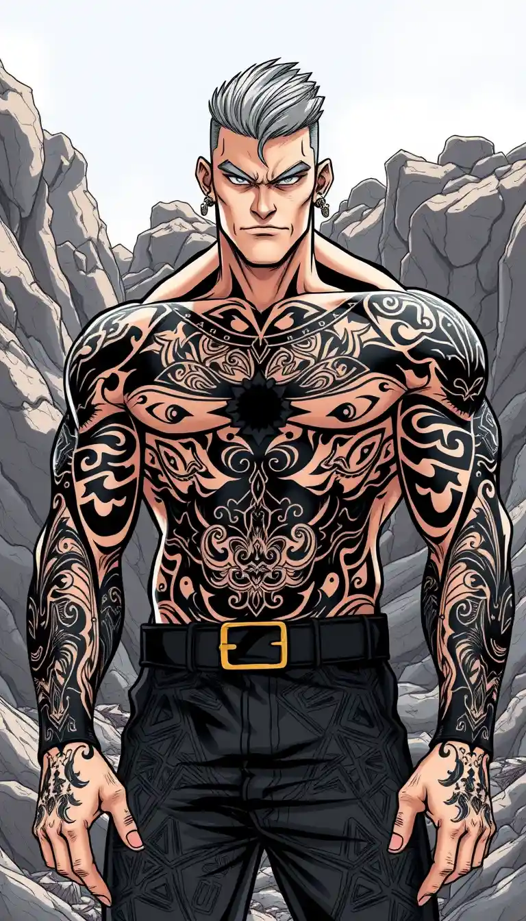 Tattooed muscular man in rocky sunlight landscape