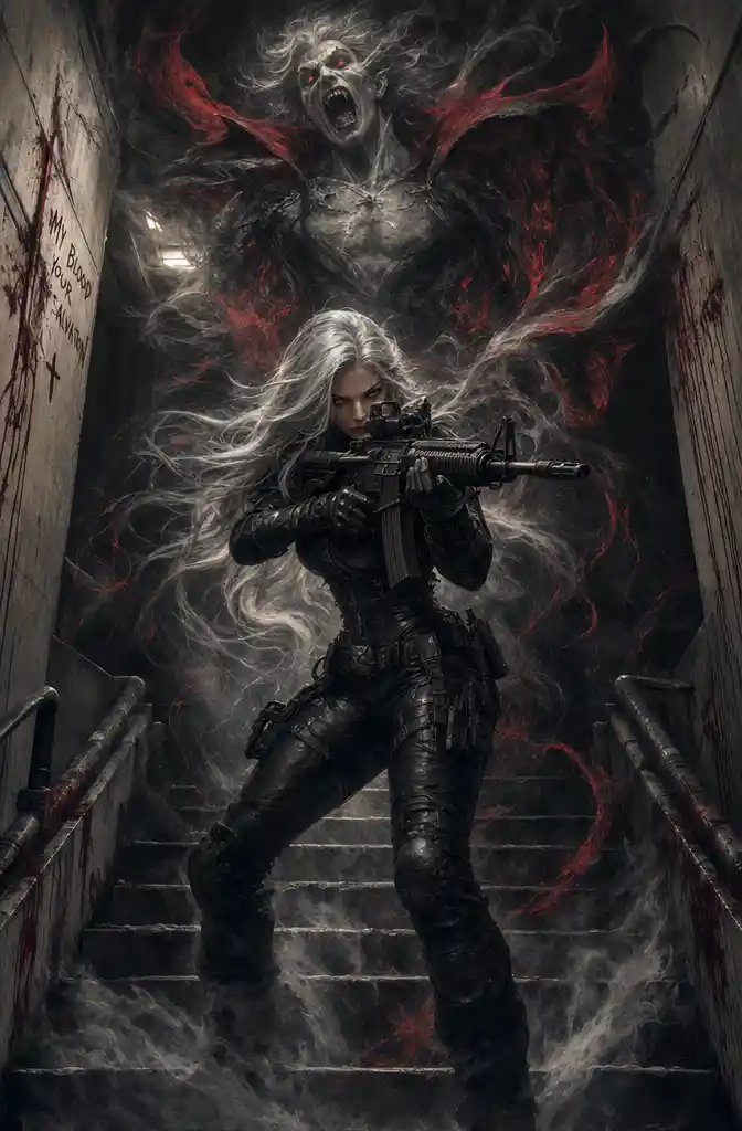 Armed silver haired warrior woman in dark stairwell