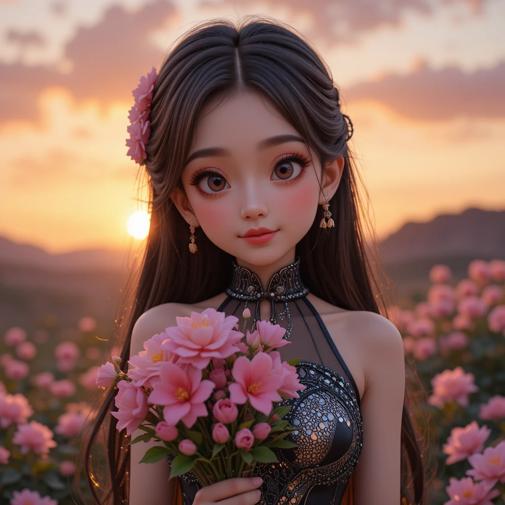 Cute anime girl with flowers at pink sunset