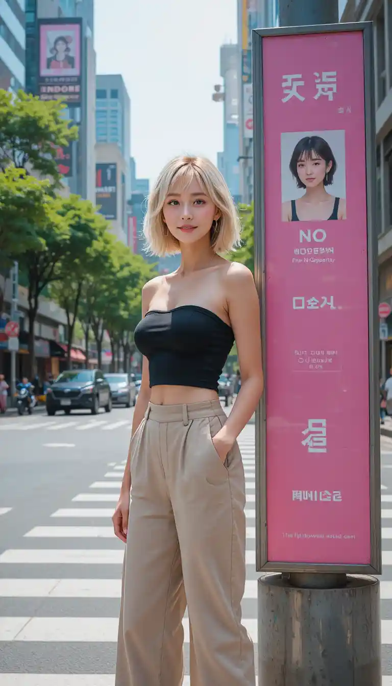 Stylish Korean woman on a sunny city crosswalk